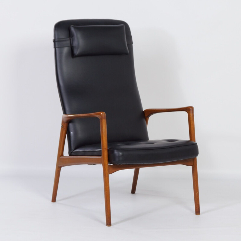 Vintage teak en zwart kunstlederen fauteuil, Deens 1970