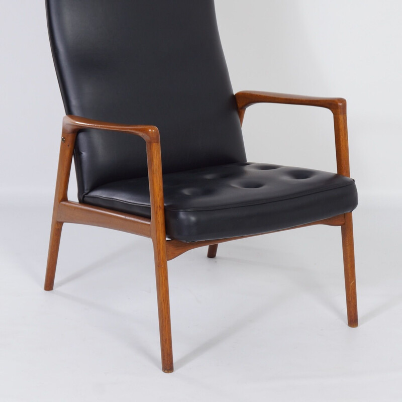 Vintage Armchair in Teak and Black Artificial Leather, Danish 1970s