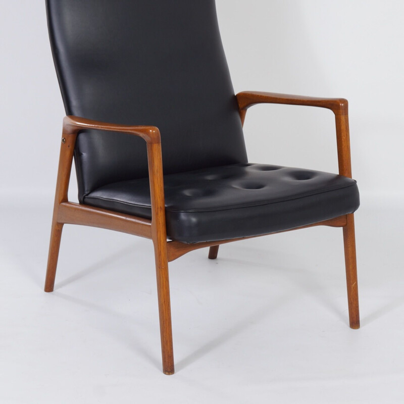 Vintage teak en zwart kunstlederen fauteuil, Deens 1970