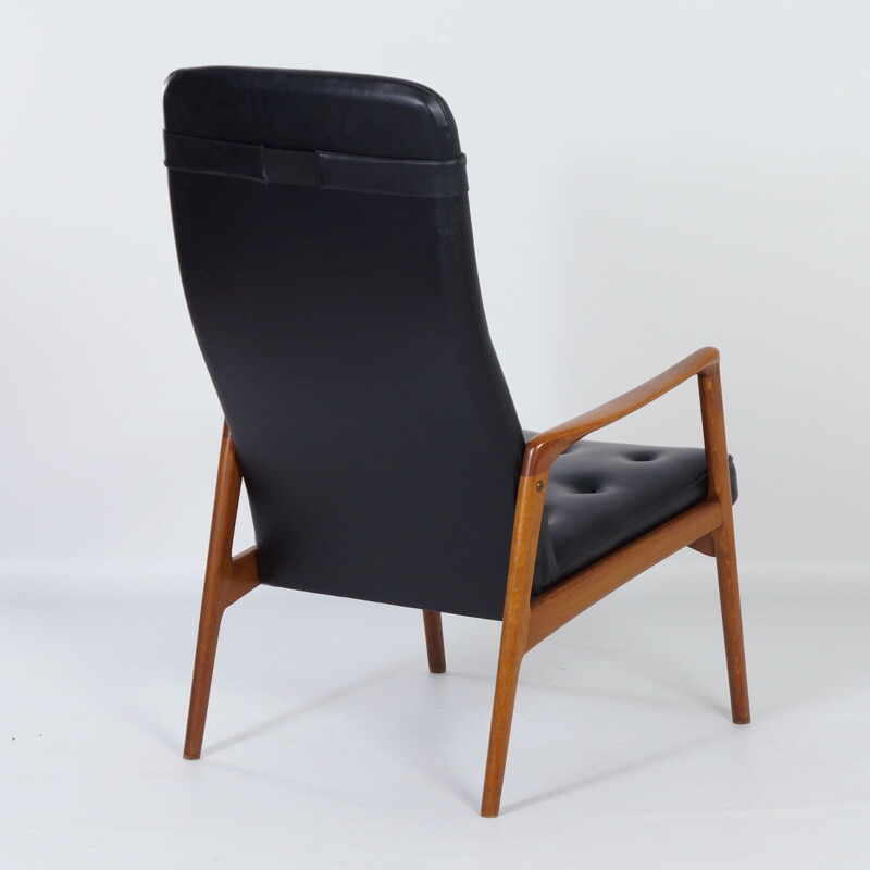 Vintage Armchair in Teak and Black Artificial Leather, Danish 1970s