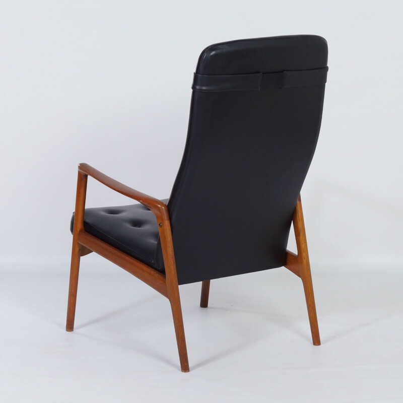 Vintage teak en zwart kunstlederen fauteuil, Deens 1970