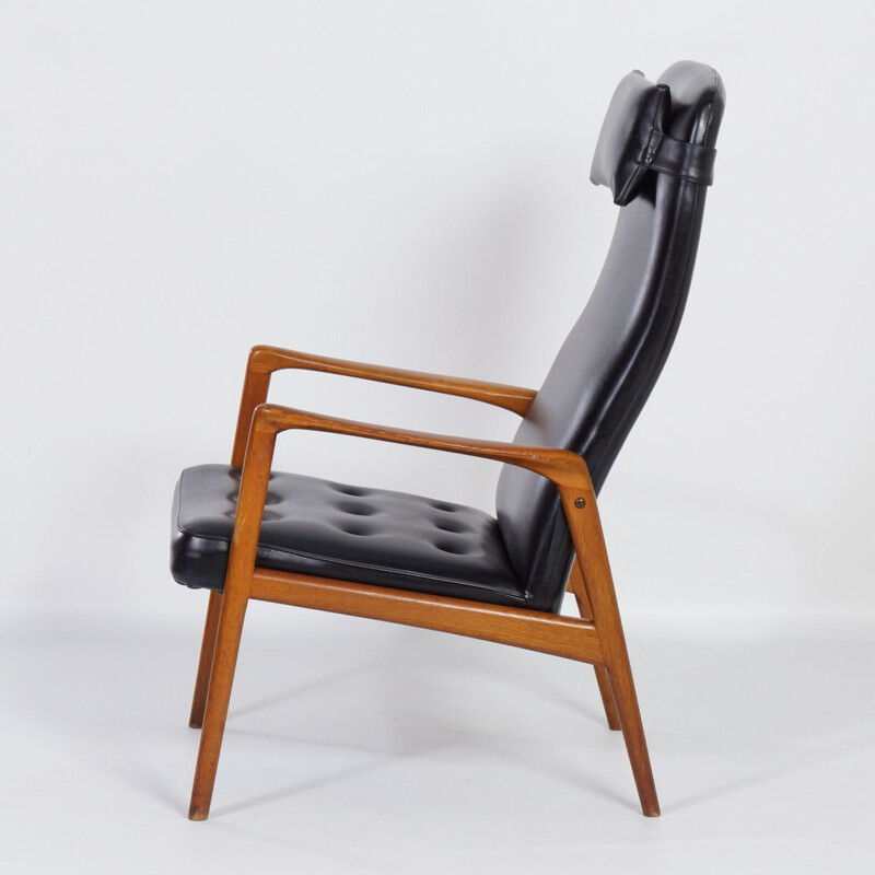 Vintage Armchair in Teak and Black Artificial Leather, Danish 1970s