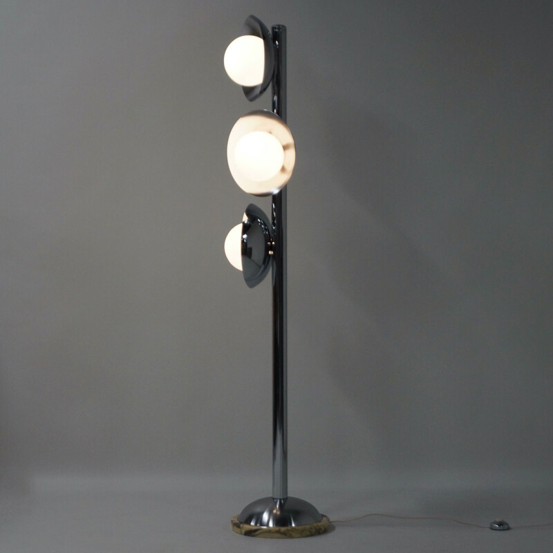 Lampadaire vintage avec 3 abat-jour en chrome et marbre, italienne 1970