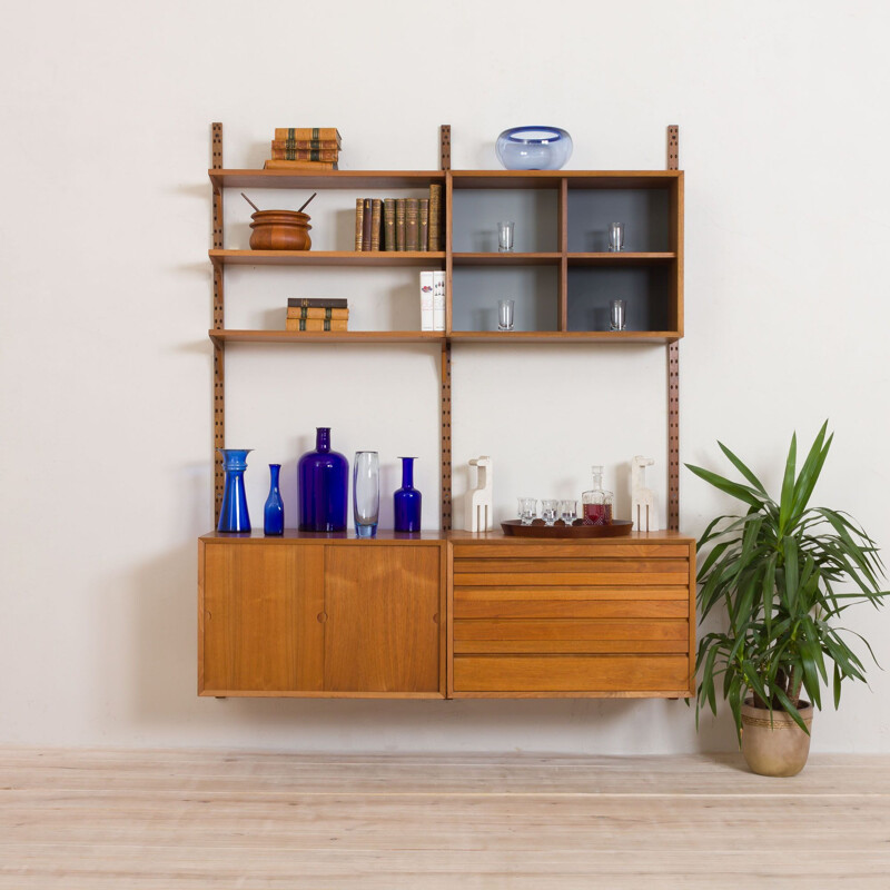 Vintage Poul Cadovius teak Royal wall unit with 3 cabinets and 3 shelves, Denmark 1960s