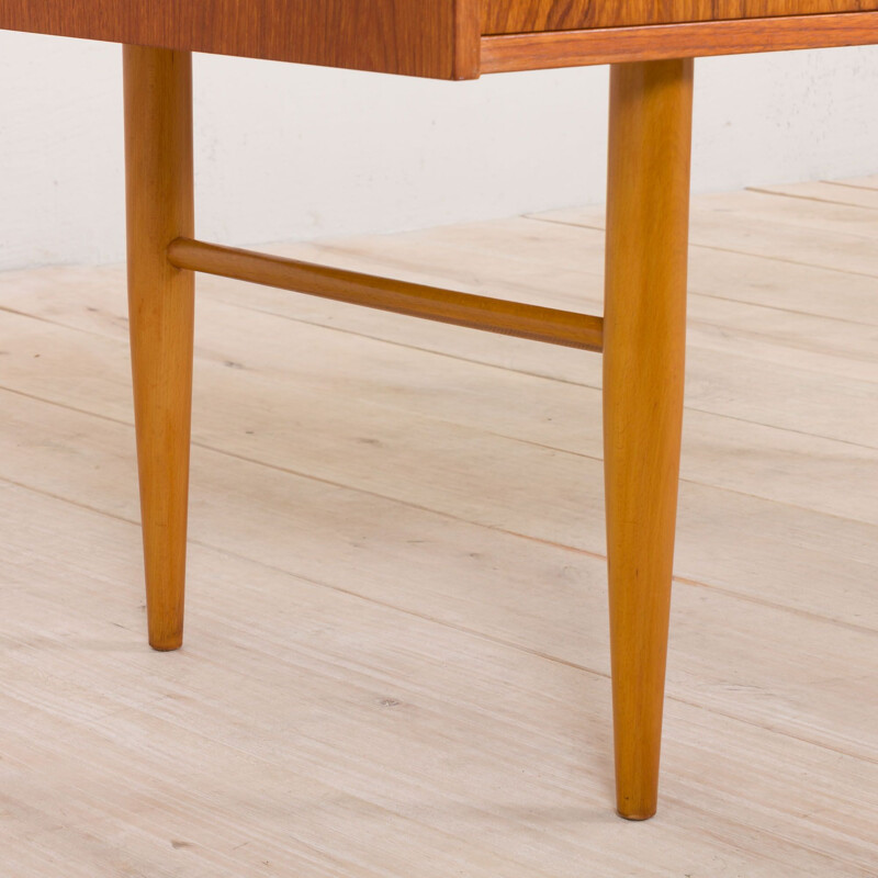 Small vintage teak desk with brass handles and beech legs, Italian 1960s