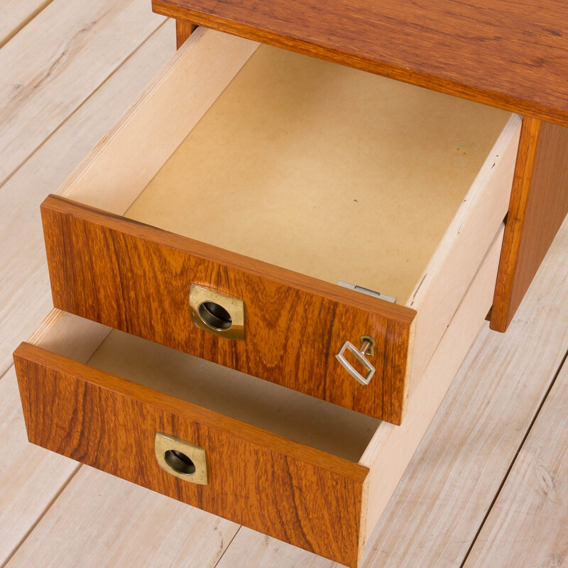 Small vintage teak desk with brass handles and beech legs, Italian 1960s