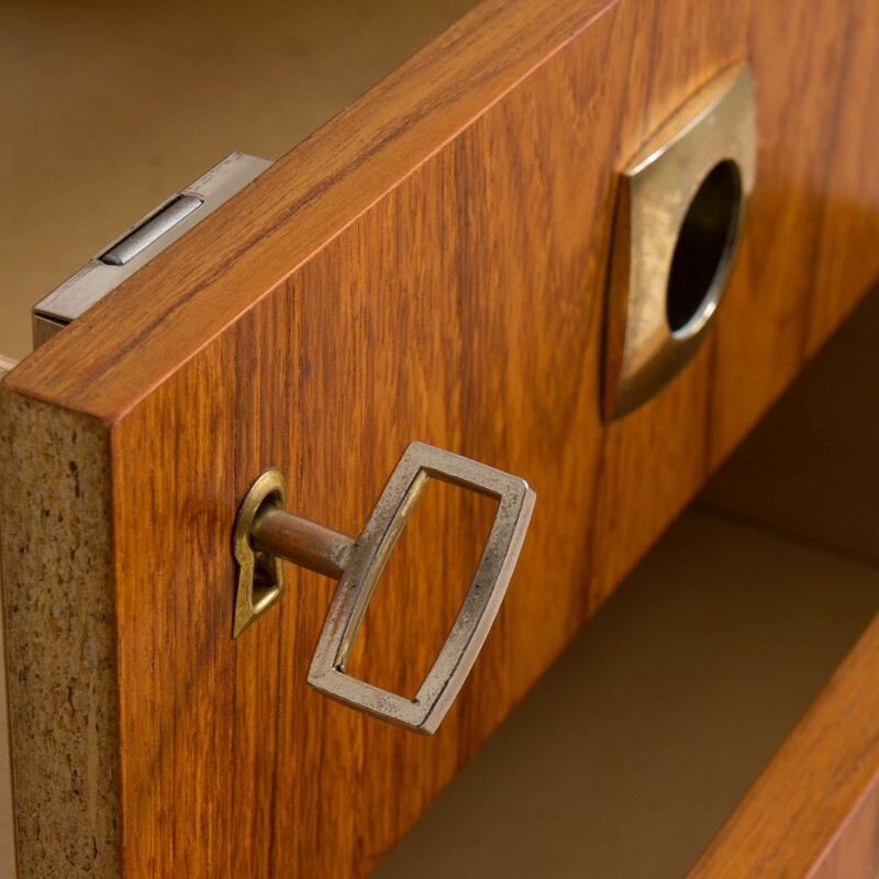 Small vintage teak desk with brass handles and beech legs, Italian 1960s