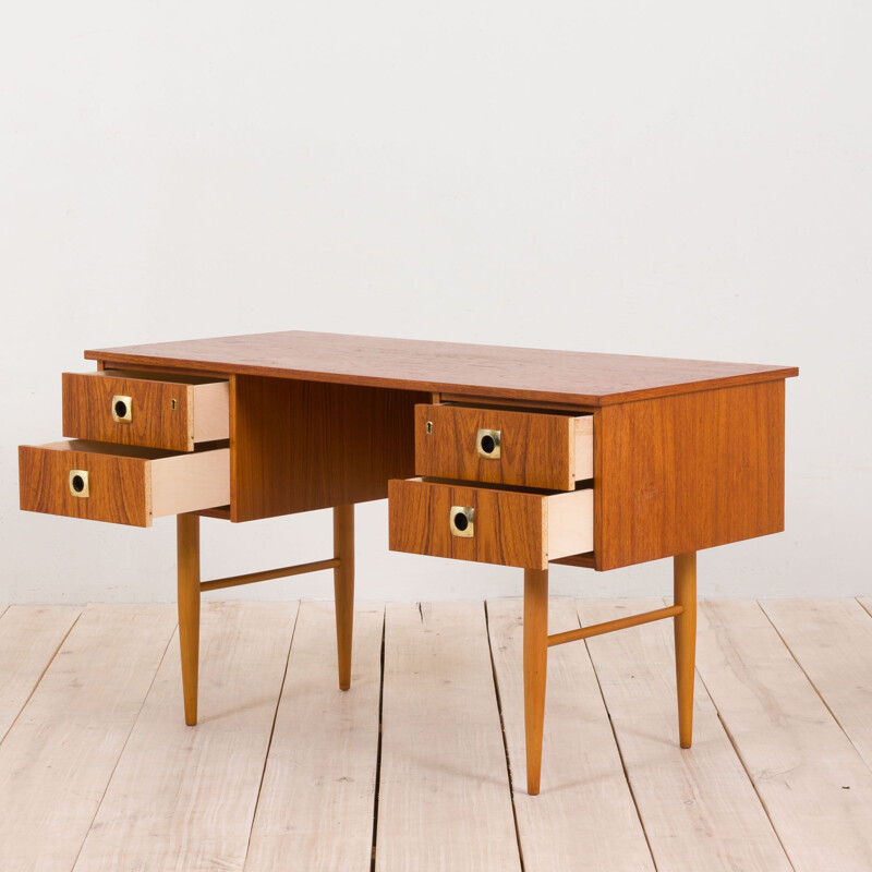 Small vintage teak desk with brass handles and beech legs, Italian 1960s