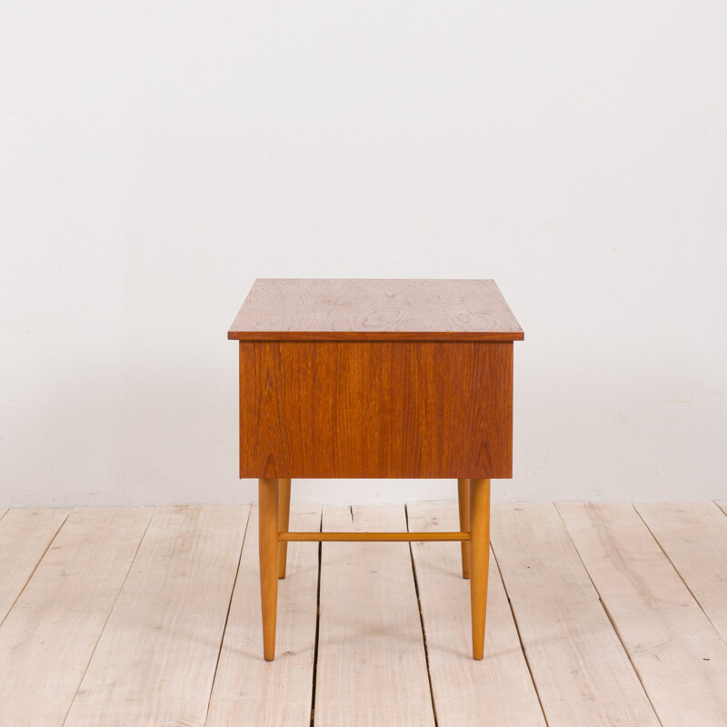 Small vintage teak desk with brass handles and beech legs, Italian 1960s