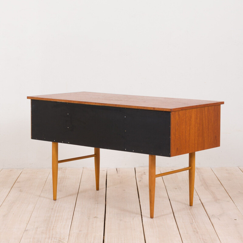 Small vintage teak desk with brass handles and beech legs, Italian 1960s