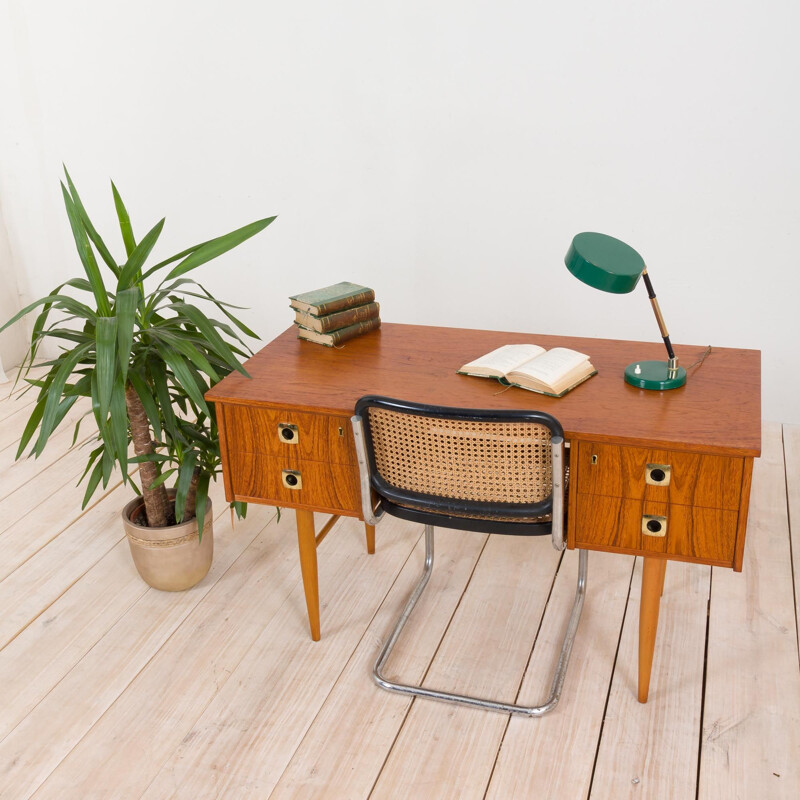 Small vintage teak desk with brass handles and beech legs, Italian 1960s
