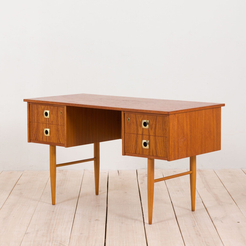 Small vintage teak desk with brass handles and beech legs, Italian 1960s