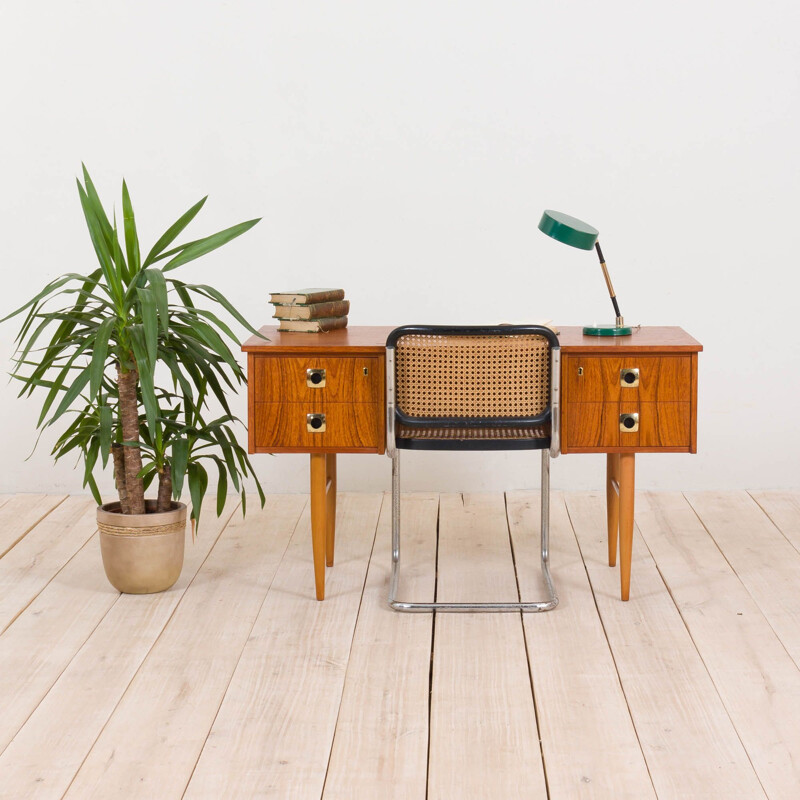 Small vintage teak desk with brass handles and beech legs, Italian 1960s