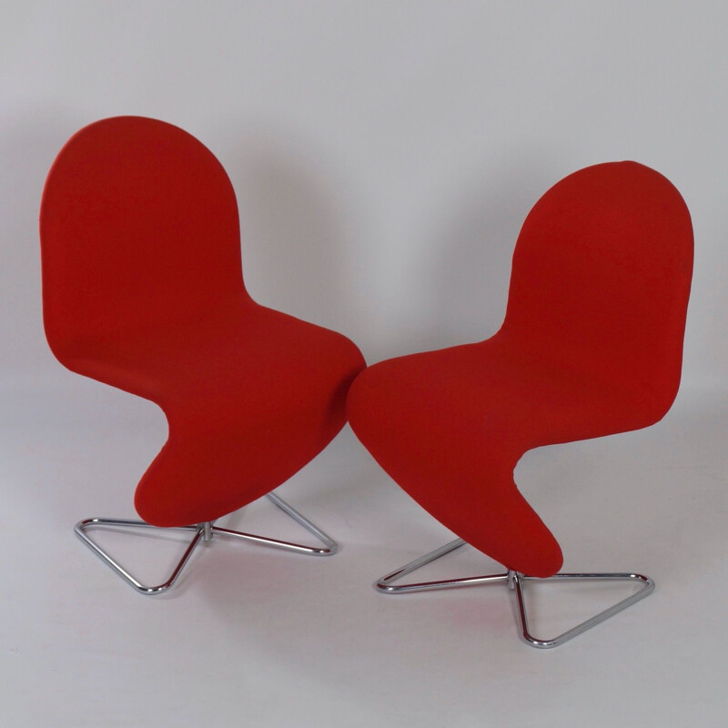 Paire de chaises vintage System 123 en tissu rouge de Verner Panton pour Fritz Hansen 1970