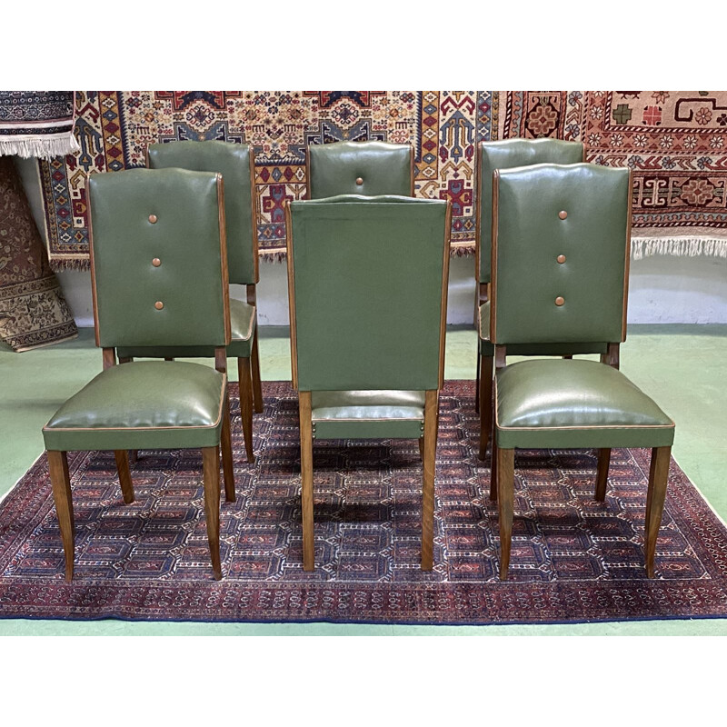 Set of 6 vintage art deco beech and skai chairs