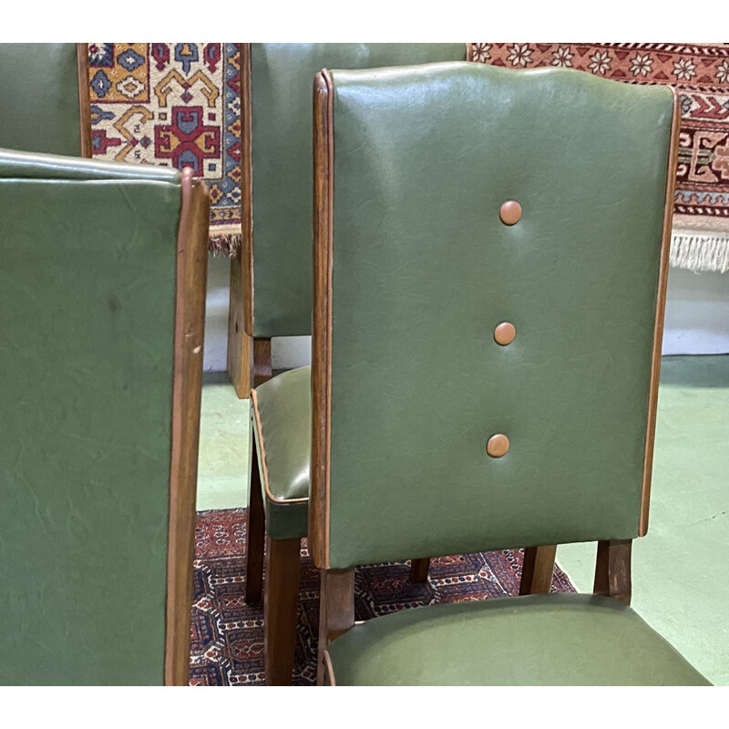 Suite de 6 chaises vintage art déco en hêtre et skaï
