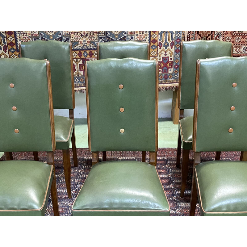 Set of 6 vintage art deco beech and skai chairs