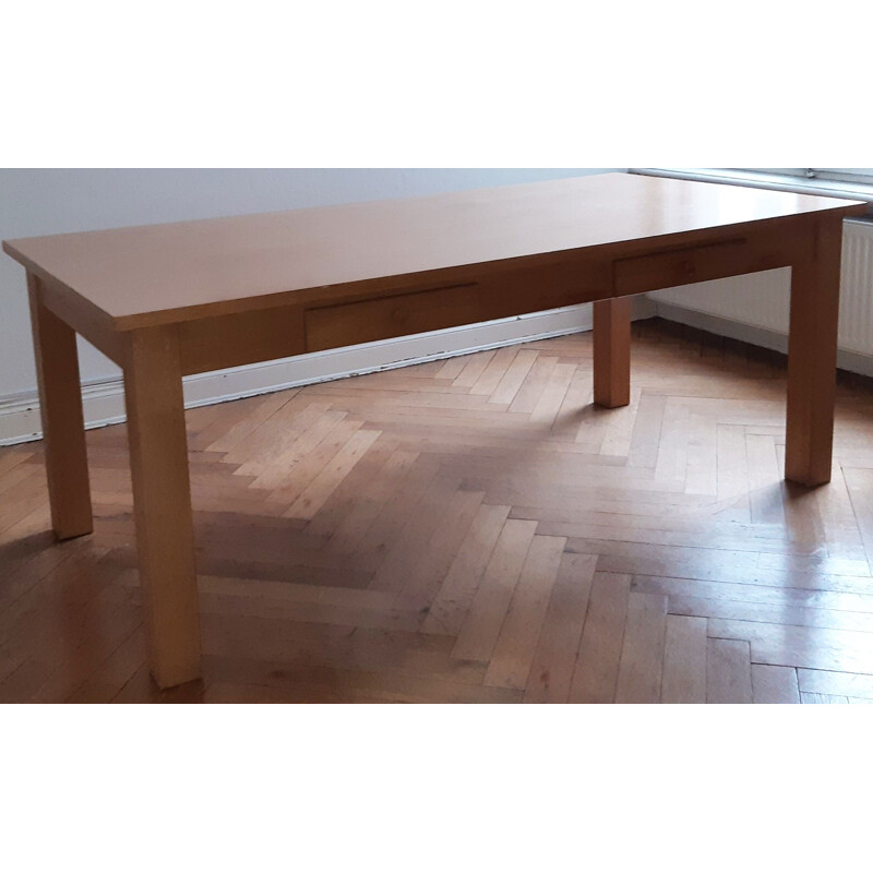 Grande table à manger vintage en chêne à deux tiroirs 1980