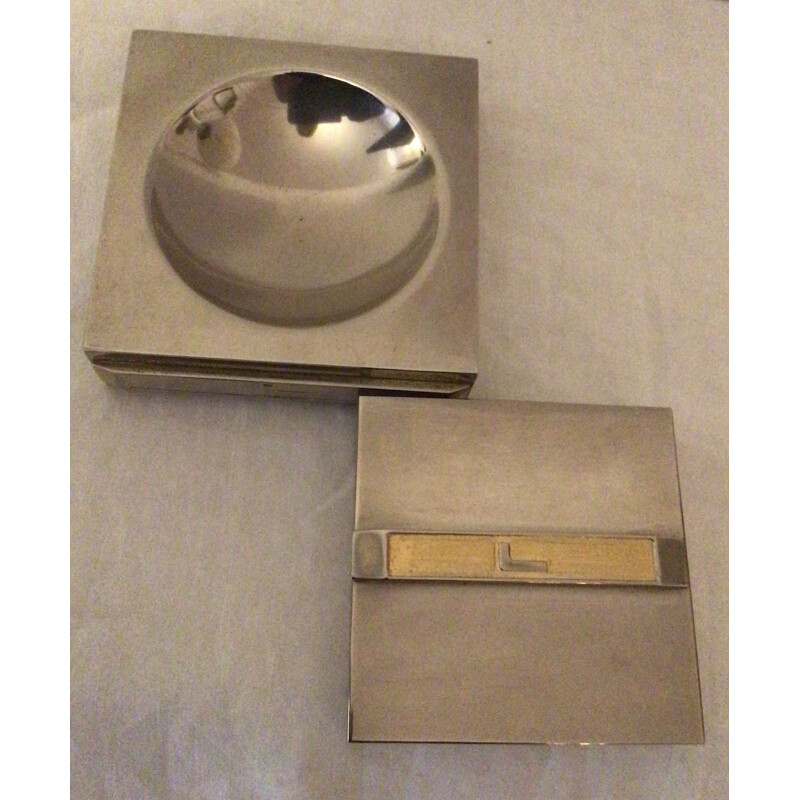 Vintage silver metal ashtray and its box Lancel 1960s