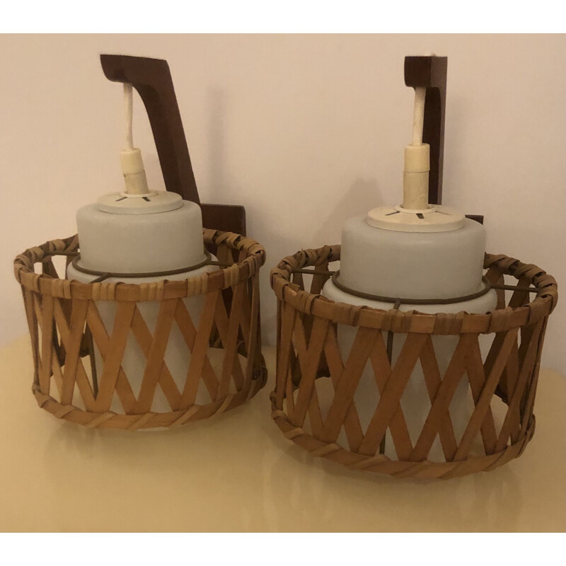 Pair of vintage glass wicker wicker wall lights 1960s