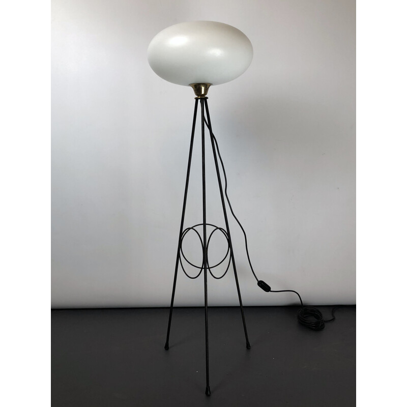 Vintage tripod in lacquered brass and triplex opal glass Stilnovo, Italy 1950