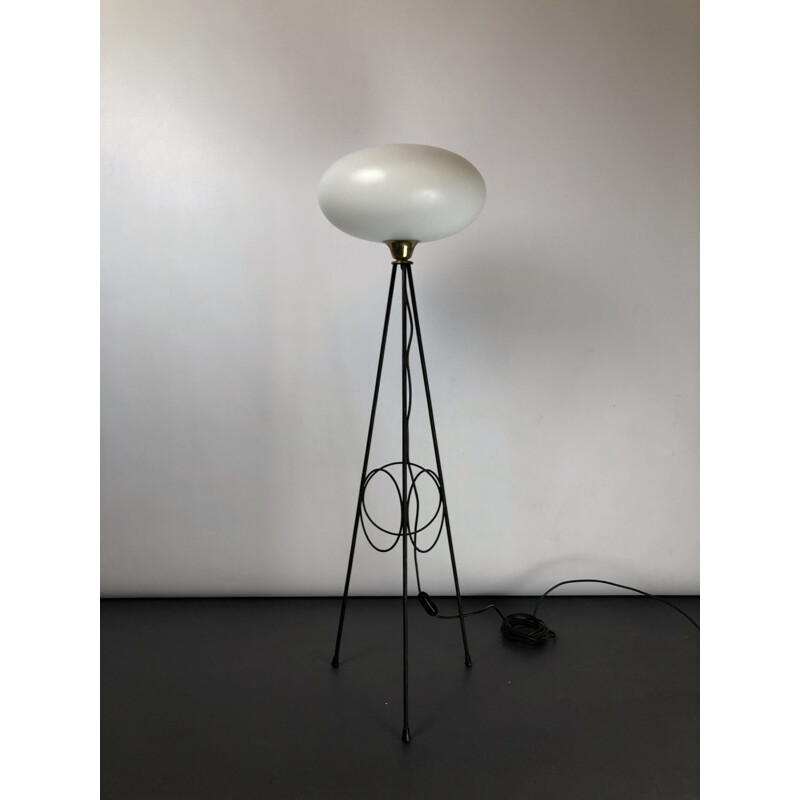 Vintage tripod in lacquered brass and triplex opal glass Stilnovo, Italy 1950