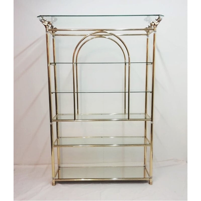 Vintage brass and glass shelf with heads, 1970