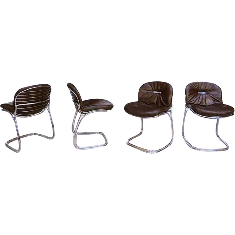 Suite van vier Italiaanse Rima stoelen in metaal en leer, Gastone RINALDI - 1970