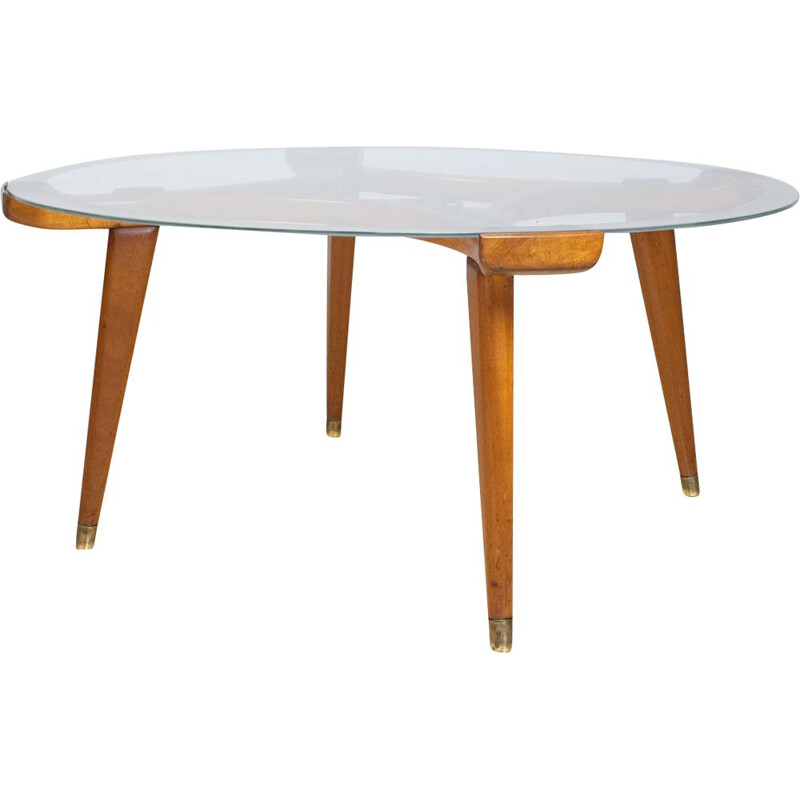 Vintage Round Coffee table in Oak Brass and Glass by Fristho, Netherlands 1955