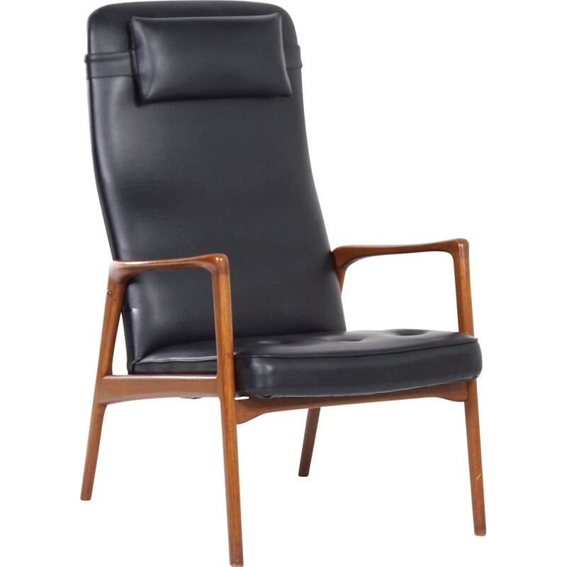 fauteuil vintage en teck et cuir artificiel noir, danois 1970