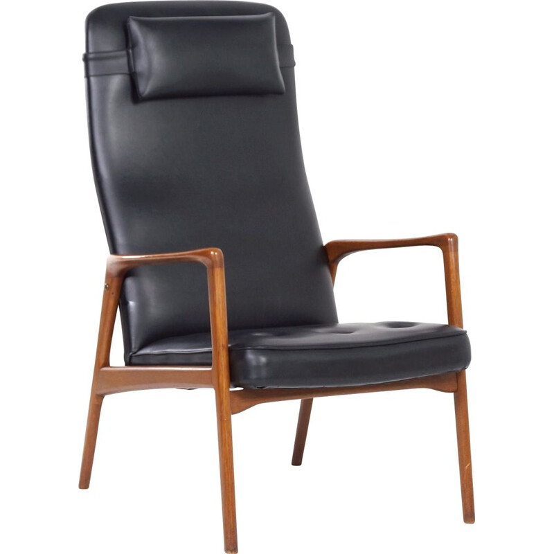 Vintage Armchair in Teak and Black Artificial Leather, Danish 1970s