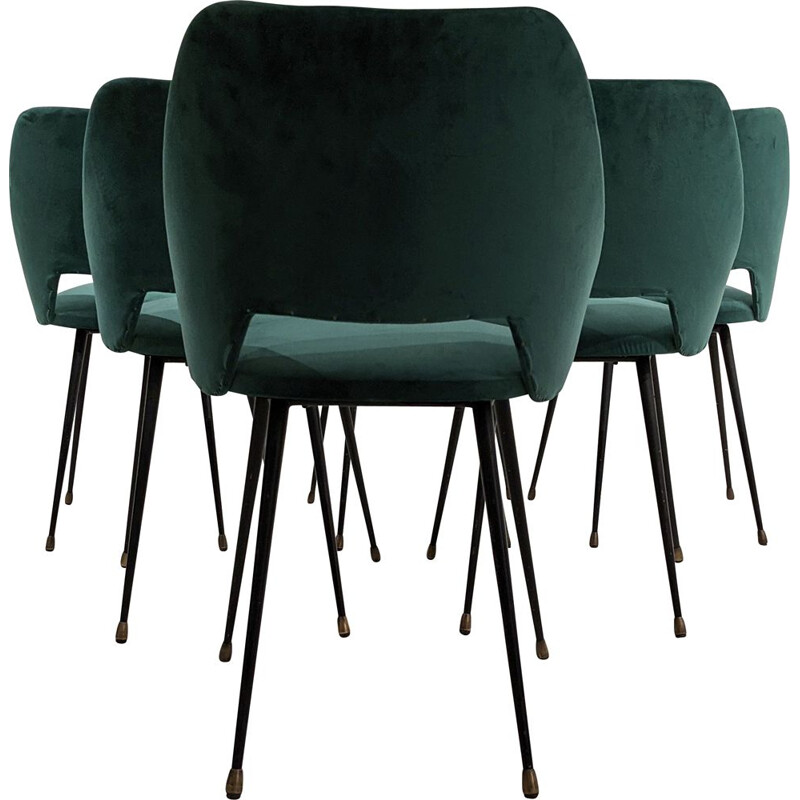 Set of 6 vintage barrel chair in green velvet 1950s