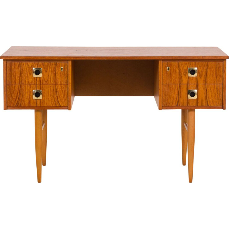 Small vintage teak desk with brass handles and beech legs, Italian 1960s