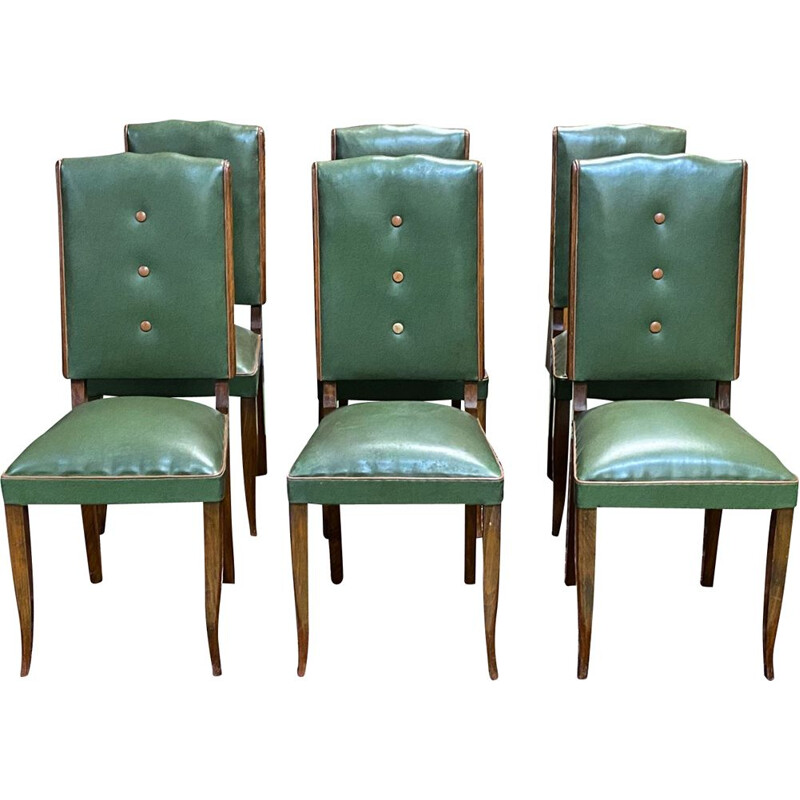 Set of 6 vintage art deco beech and skai chairs