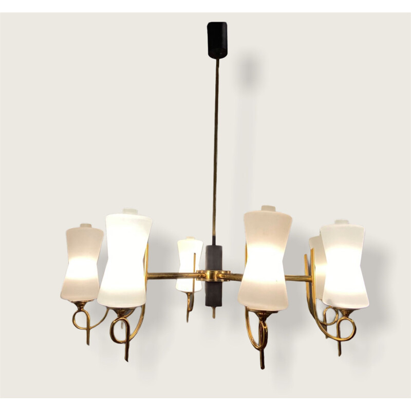 Large vintage Brass Chandelier with Opaline Glass Shades from Stilnovo, 1950s