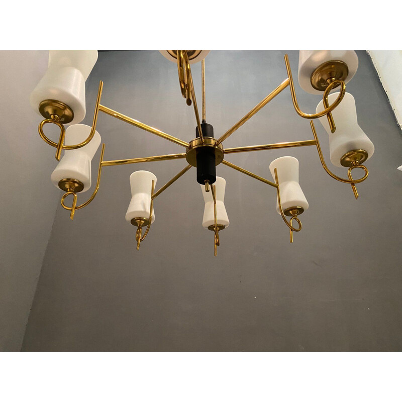 Large vintage Brass Chandelier with Opaline Glass Shades from Stilnovo, 1950s