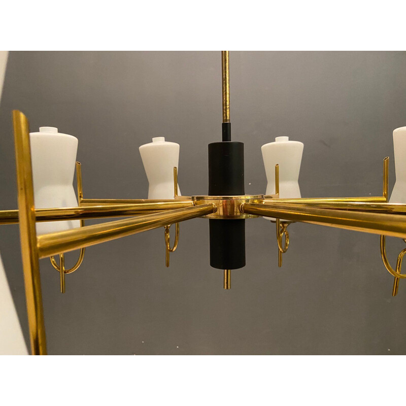 Large vintage Brass Chandelier with Opaline Glass Shades from Stilnovo, 1950s