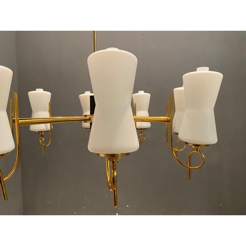 Large vintage Brass Chandelier with Opaline Glass Shades from Stilnovo, 1950s