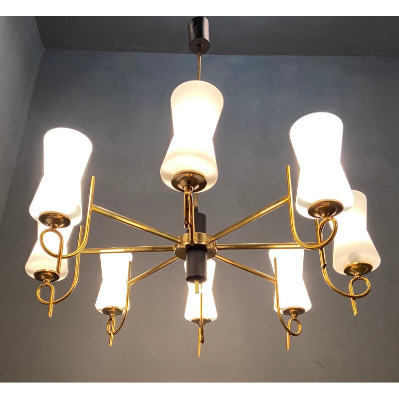 Large vintage Brass Chandelier with Opaline Glass Shades from Stilnovo, 1950s