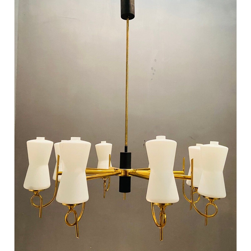 Large vintage Brass Chandelier with Opaline Glass Shades from Stilnovo, 1950s