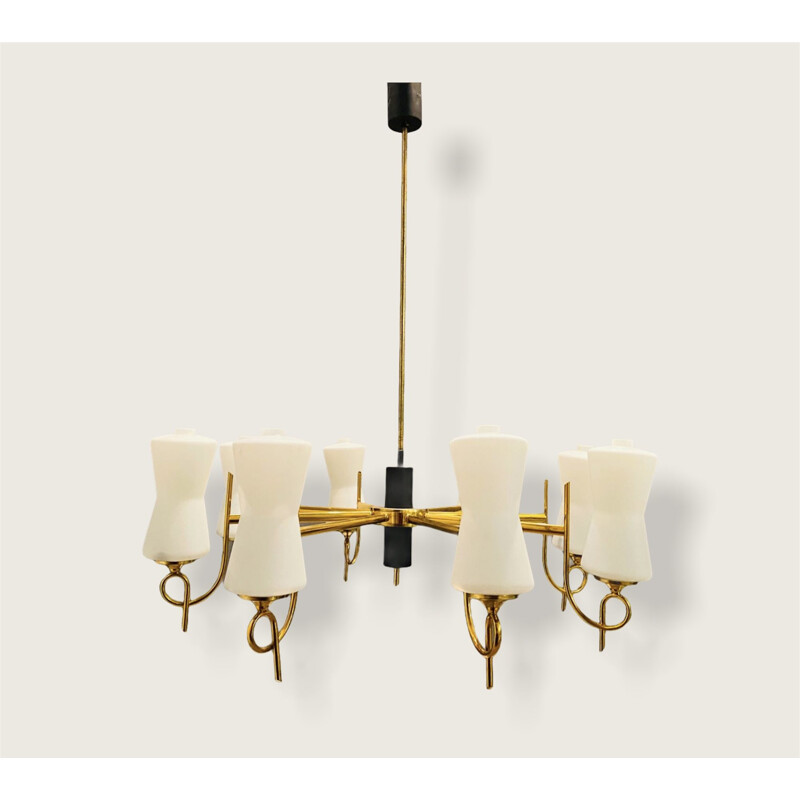 Large vintage Brass Chandelier with Opaline Glass Shades from Stilnovo, 1950s