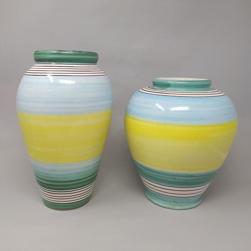 Paire de vases vintage jaune et bleu en céramique par Deruta, Italie 1970