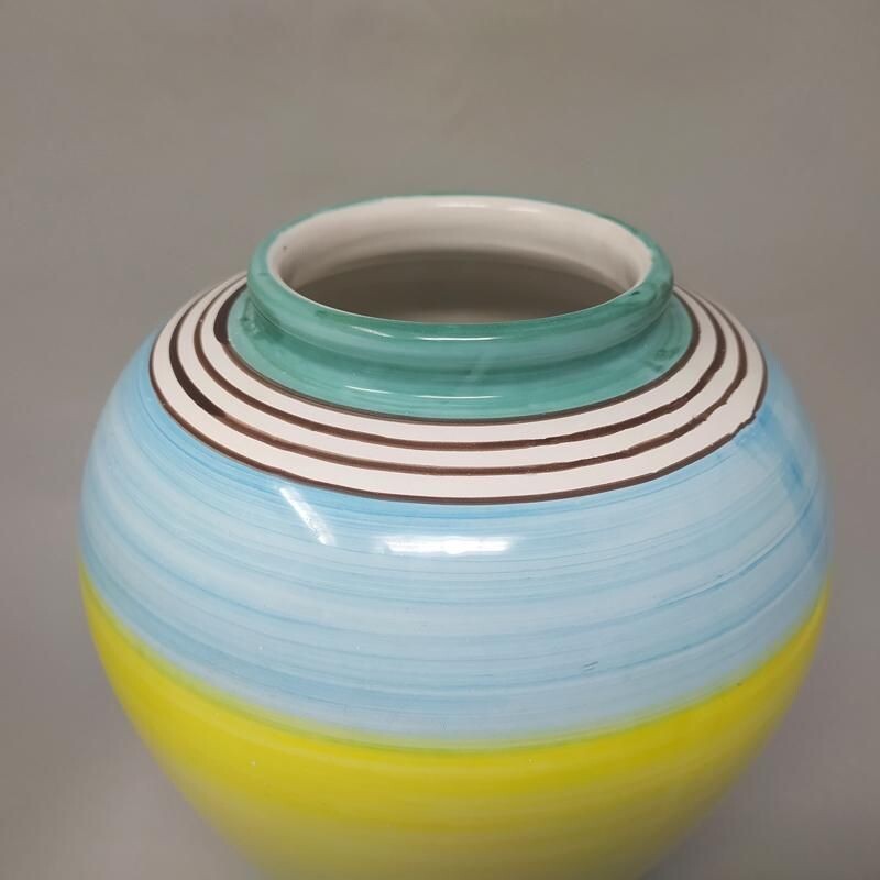 Pair of vintage yellow and blue ceramic vases by Deruta, Italy 1970