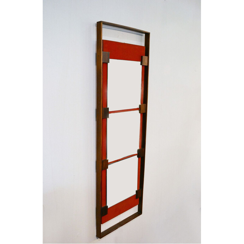 Vintage wall mirror in rosewood and red velvet by Ico Parisi for Stildomus 1960