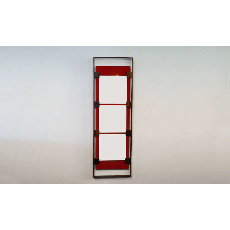 Vintage wall mirror in rosewood and red velvet by Ico Parisi for Stildomus 1960