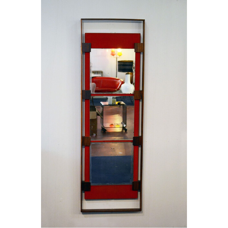 Espejo de pared vintage de palisandro y terciopelo rojo de Ico Parisi para Stildomus 1960