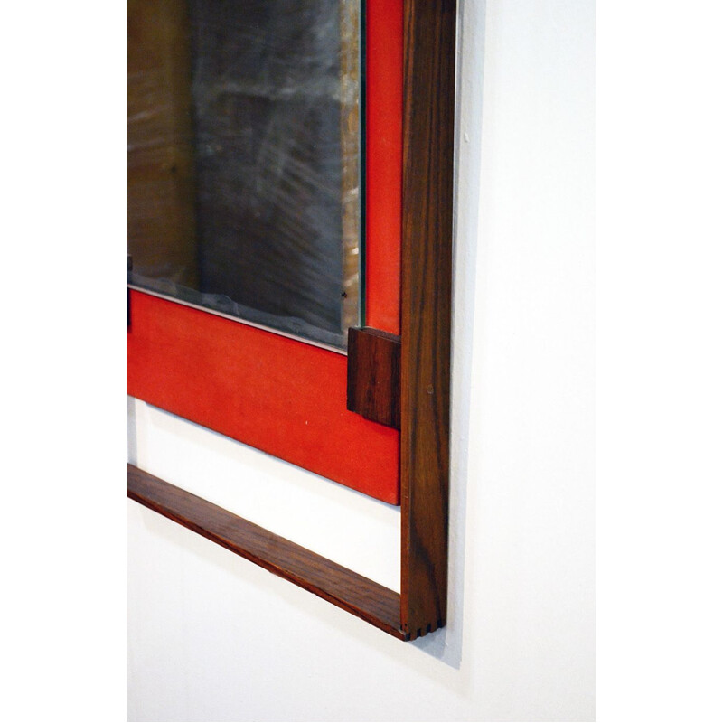 Vintage wall mirror in rosewood and red velvet by Ico Parisi for Stildomus 1960