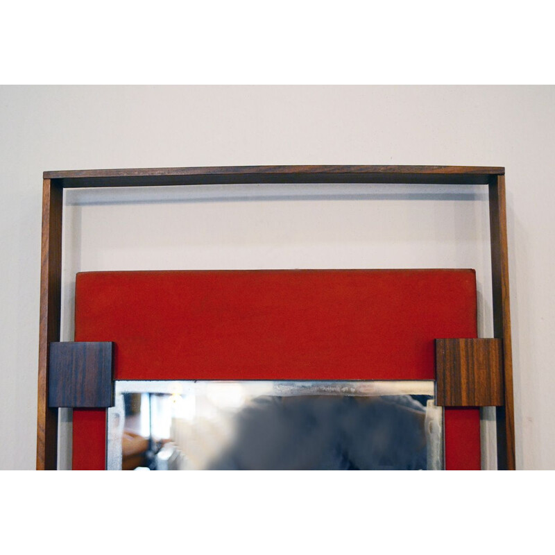 Vintage wall mirror in rosewood and red velvet by Ico Parisi for Stildomus 1960