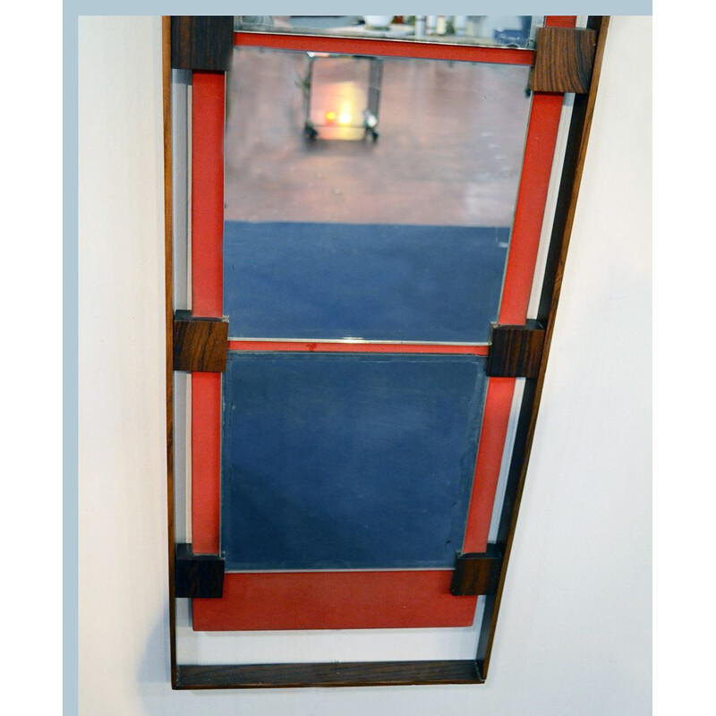 Miroir mural vintage en palissandre et velours rouge par Ico Parisi pour Stildomus 1960