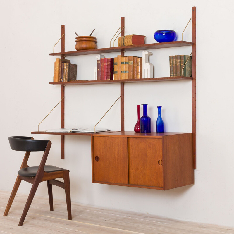 Vintage teak wall unit with a desk and a sliding door locker, Denmark